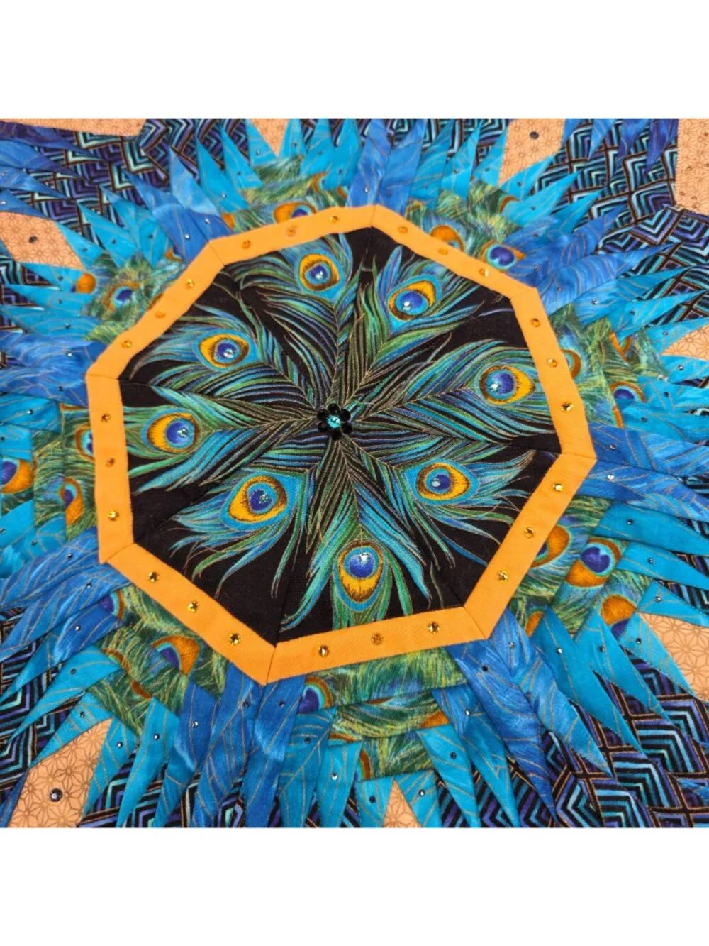 Quilted Wall Hanging Peacock Themed Rhinestone Accents 2nd Place Award Winning 2
